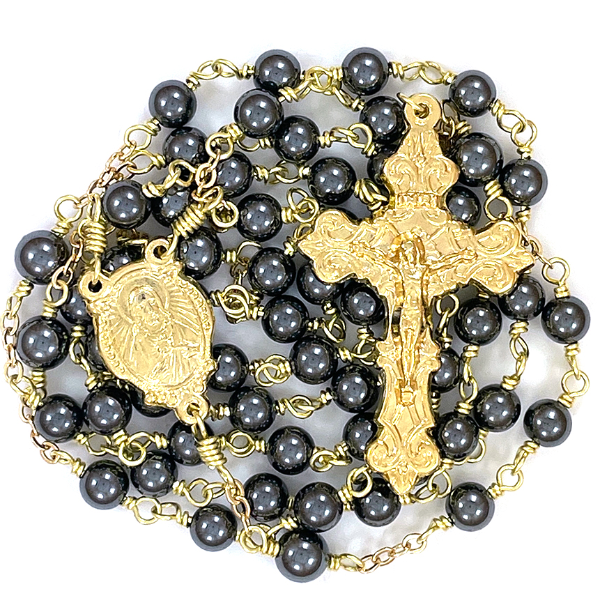 Sacred Heart Hematite & Gold Rosary: $38.99 (CAD)