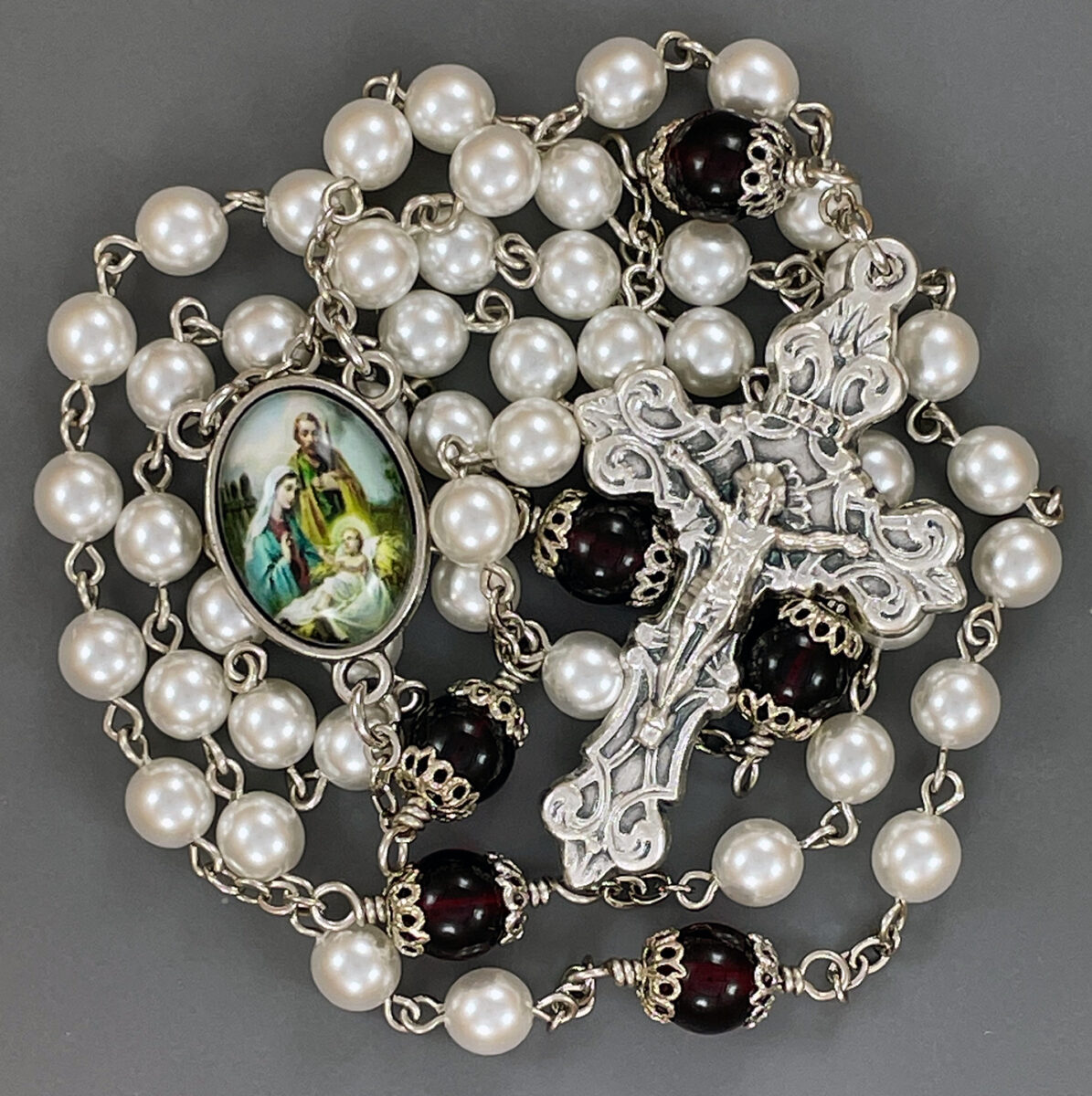 Glass Pearl and Glass Garnet Holy Family Rosary: $36.99 (CAD)