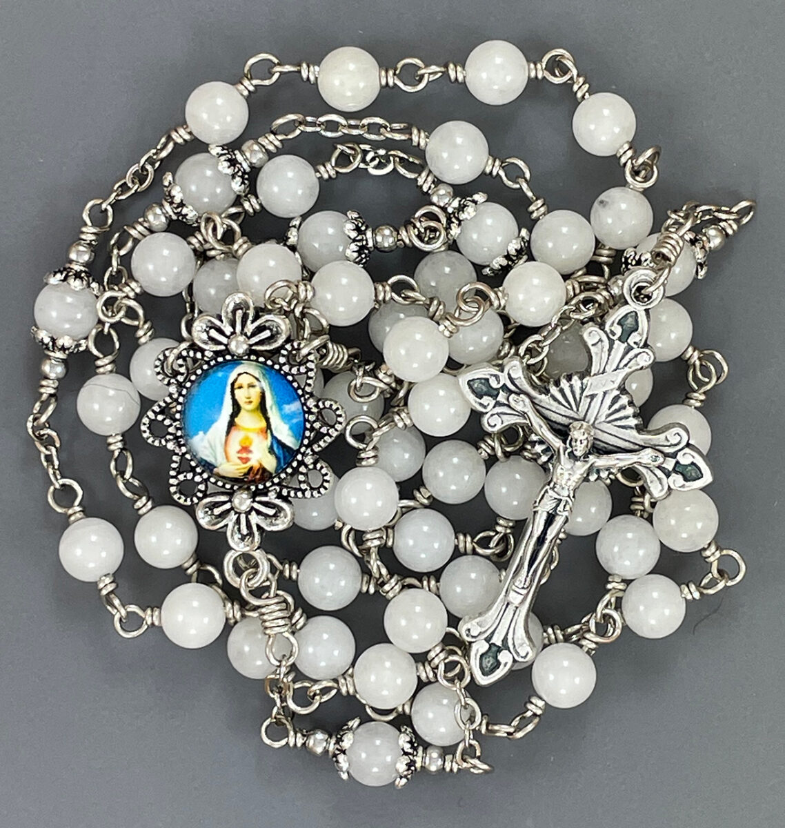 White Jasper Immaculate Heart Rosary ($46.99 CAD)
