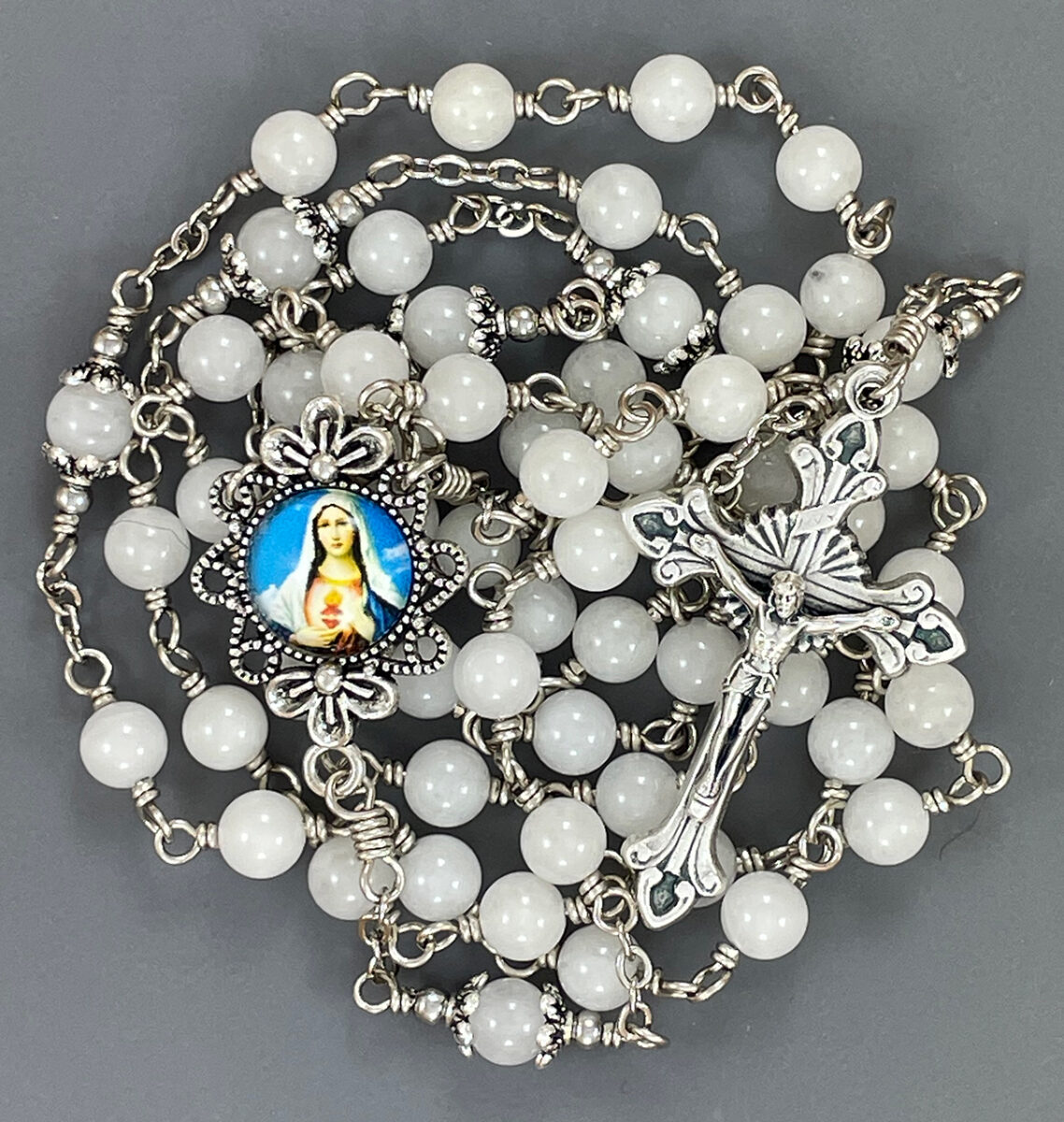 White Jasper Immaculate Heart Rosary: $46.99 (CAD)