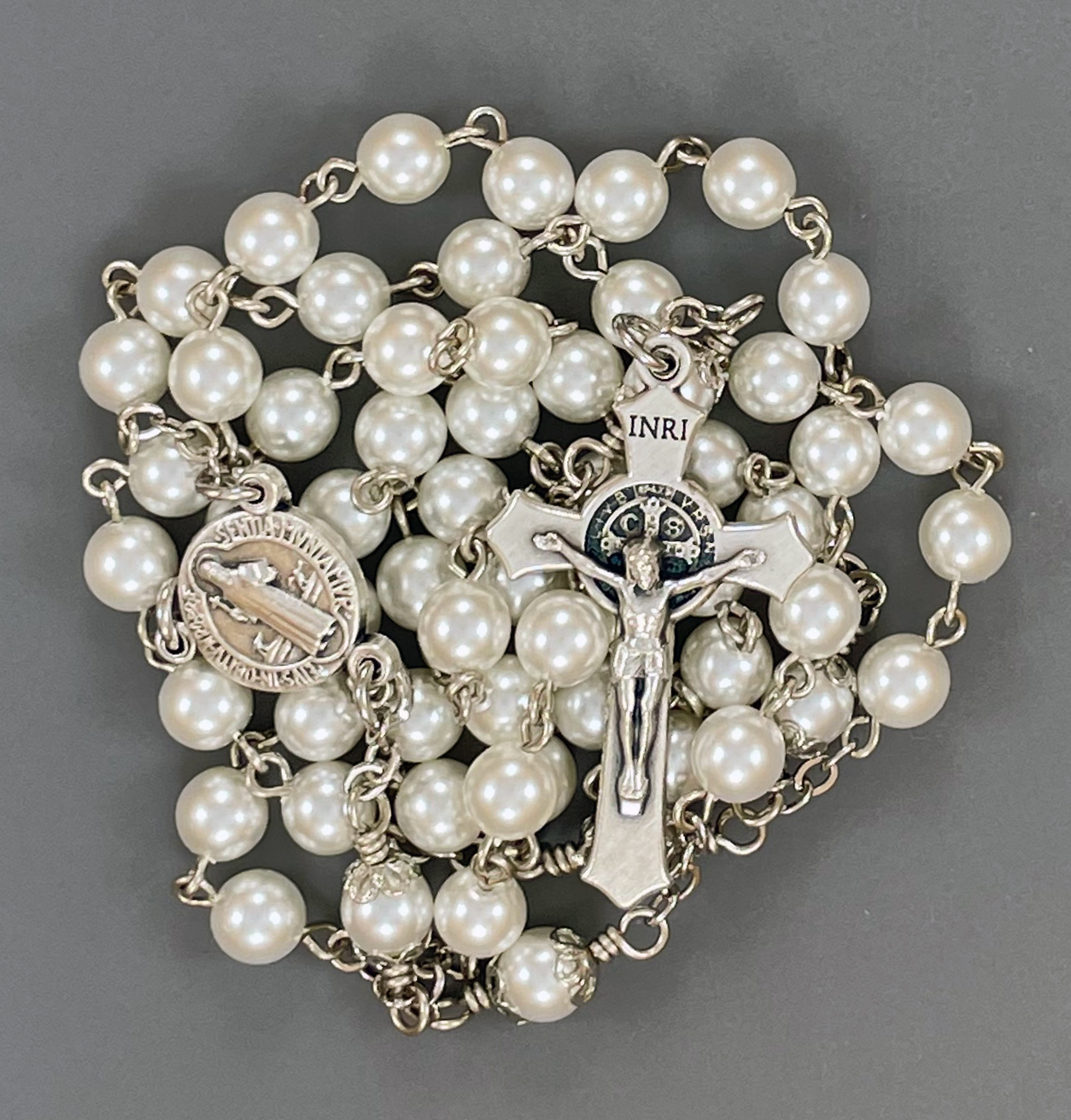 St. Benedict Glass Pearl Rosary ($33.99)