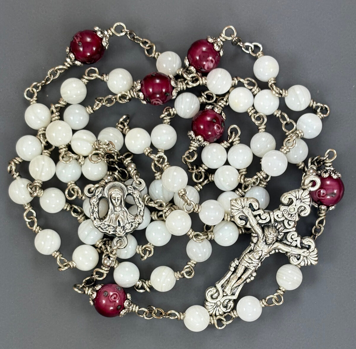 Dark Pink Floral Lampwork Pearl Rosary: $76.99 (CAD)